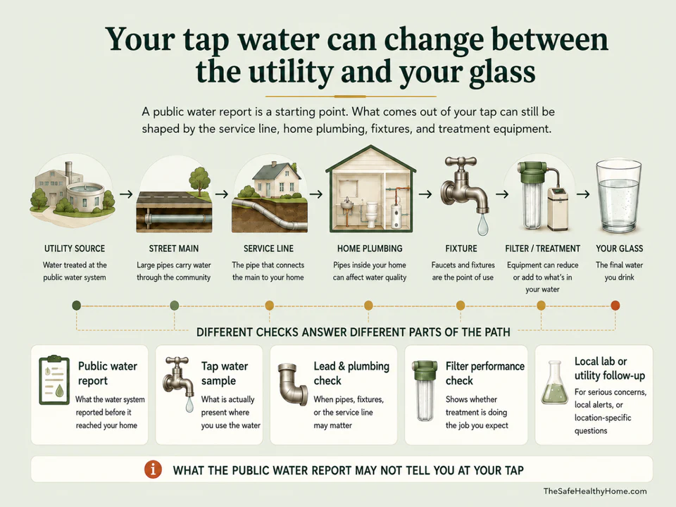 Diagram showing how tap water can change between the utility source and drinking glass, with checks for public water reports, tap samples, lead and plumbing, filter performance, and local lab follow-up.