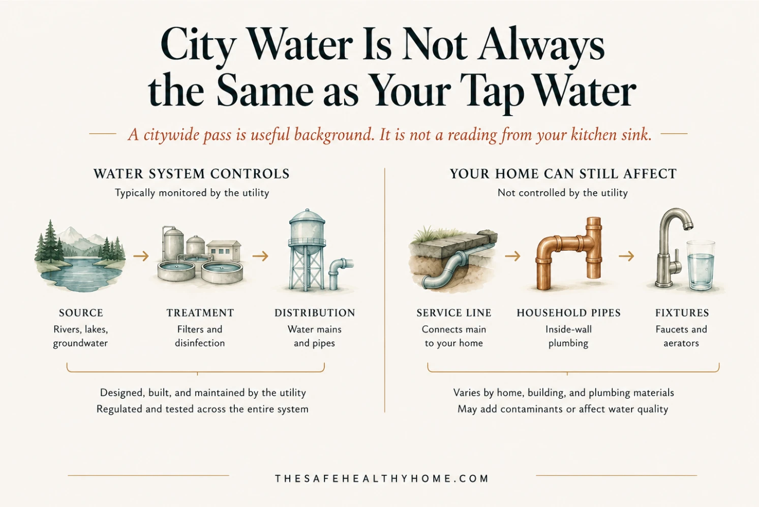Infographic showing how water quality can change between the water system and your faucet through the service line, household pipes, and fixtures.