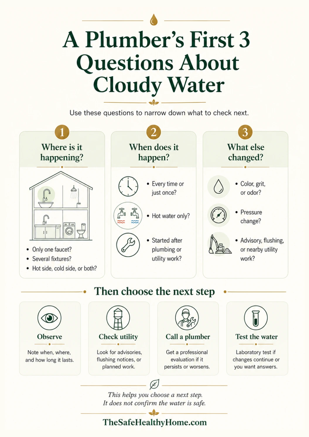 Infographic titled "A Plumber's First 3 Questions About Cloudy Water," showing questions about where it happens, when it happens, and what else changed.