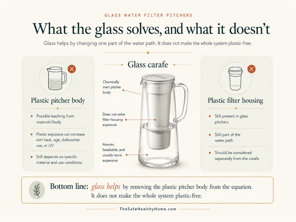 Comparison showing chemicals that leach from plastic water pitcher bodies versus chemically inert glass, with a note that plastic filter housings remain in both