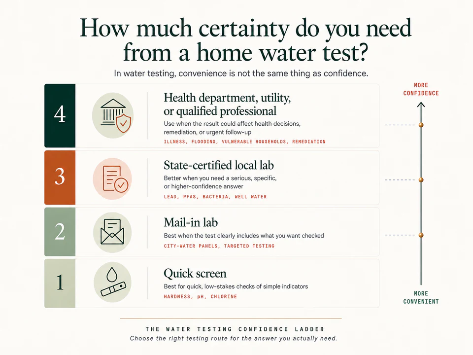 Quick screens, mail-in labs, state-certified local labs, and health department or utility guidance offer different levels of water testing certainty.