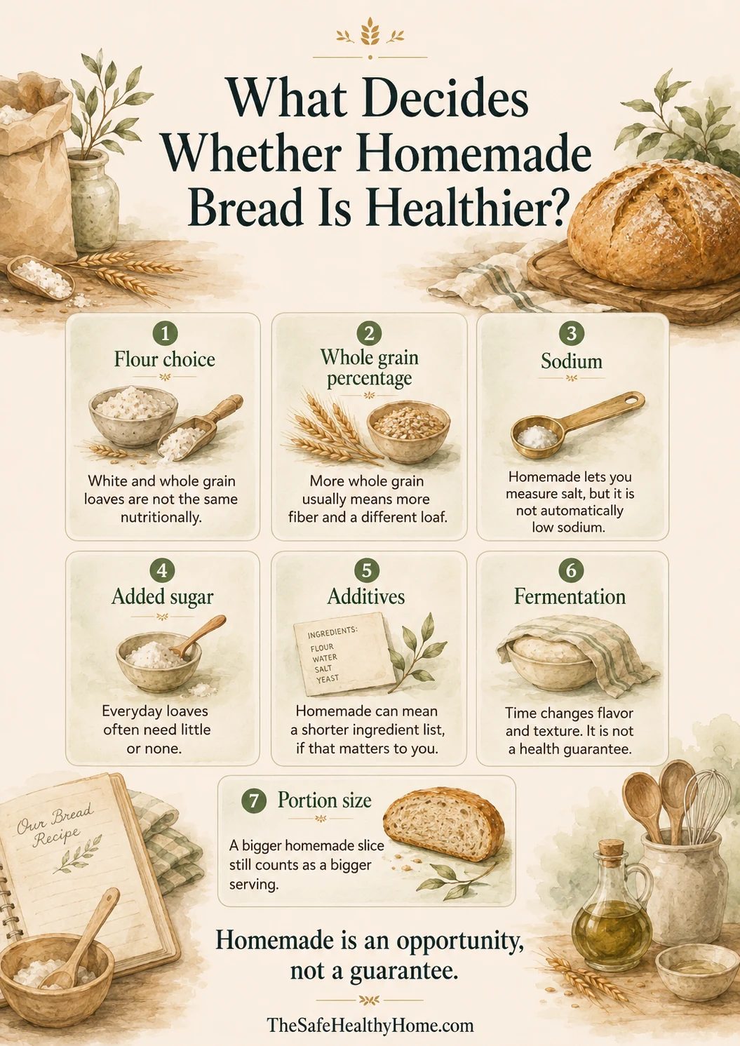 Infographic, "What Decides Whether Homemade Bread Is Healthier," summarizing the seven factors from flour choice to portion size.