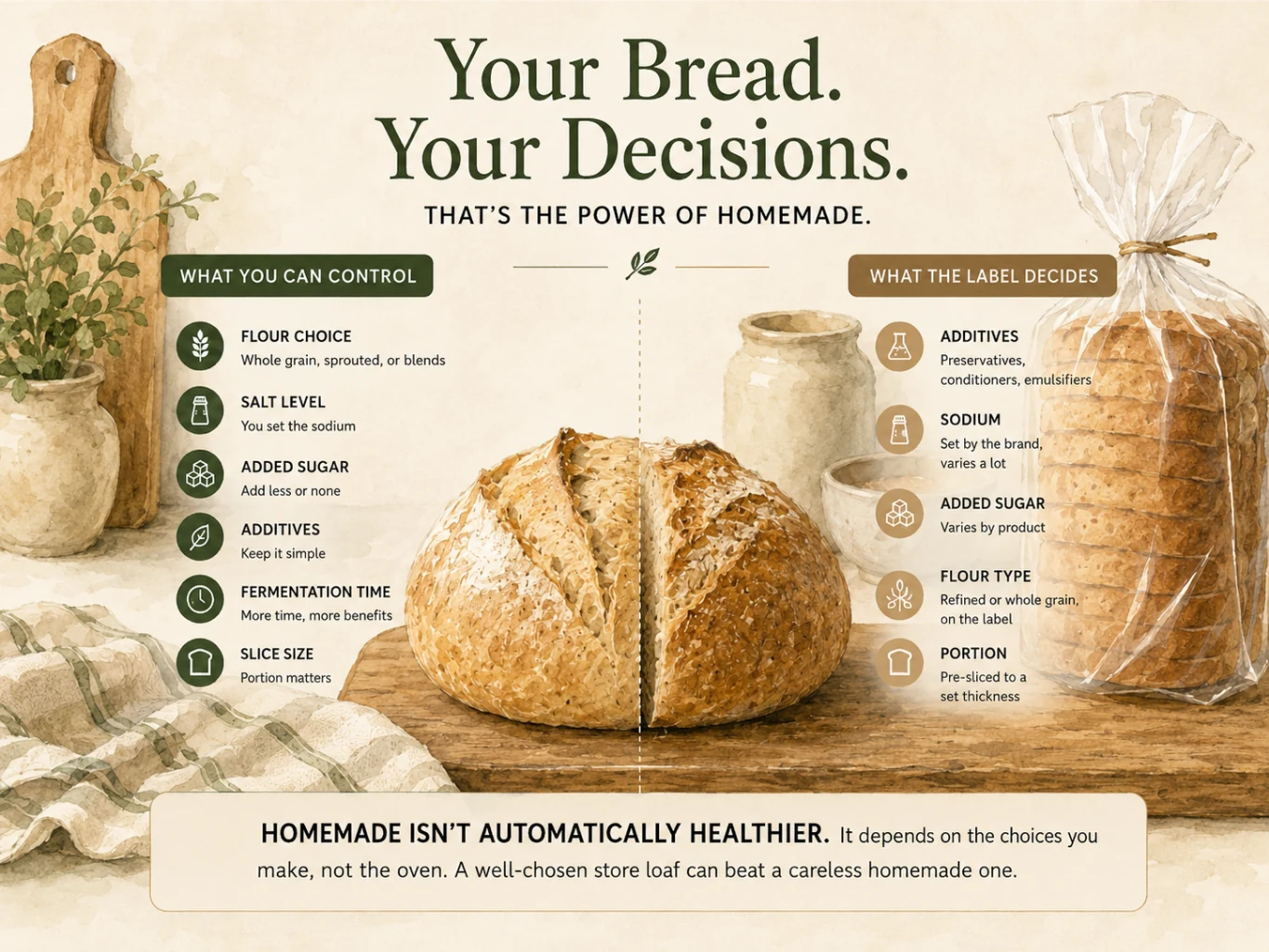 Infographic, "Your Bread. Your Decisions," comparing what you control baking at home with what a store loaf's label sets for you.