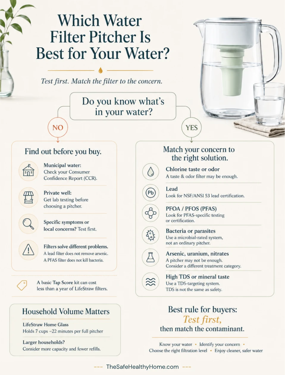 Decision chart for choosing a water filter pitcher based on your specific water contaminant concern, starting with testing your water first