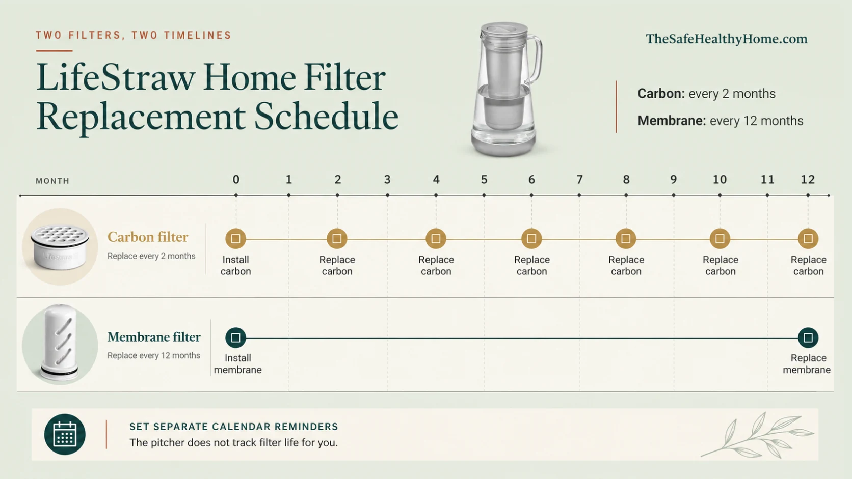 Schedule showing LifeStraw Home Glass filter replacement intervals: carbon filter every two months, membrane microfilter once per year