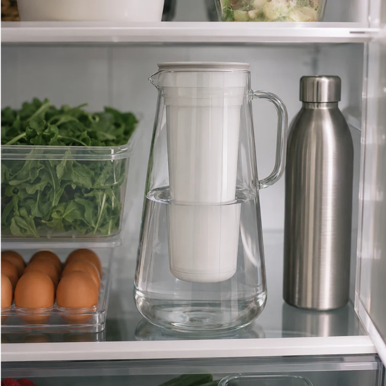 LifeStraw Home Glass pitcher on a refrigerator shelf showing under two inches of vertical clearance