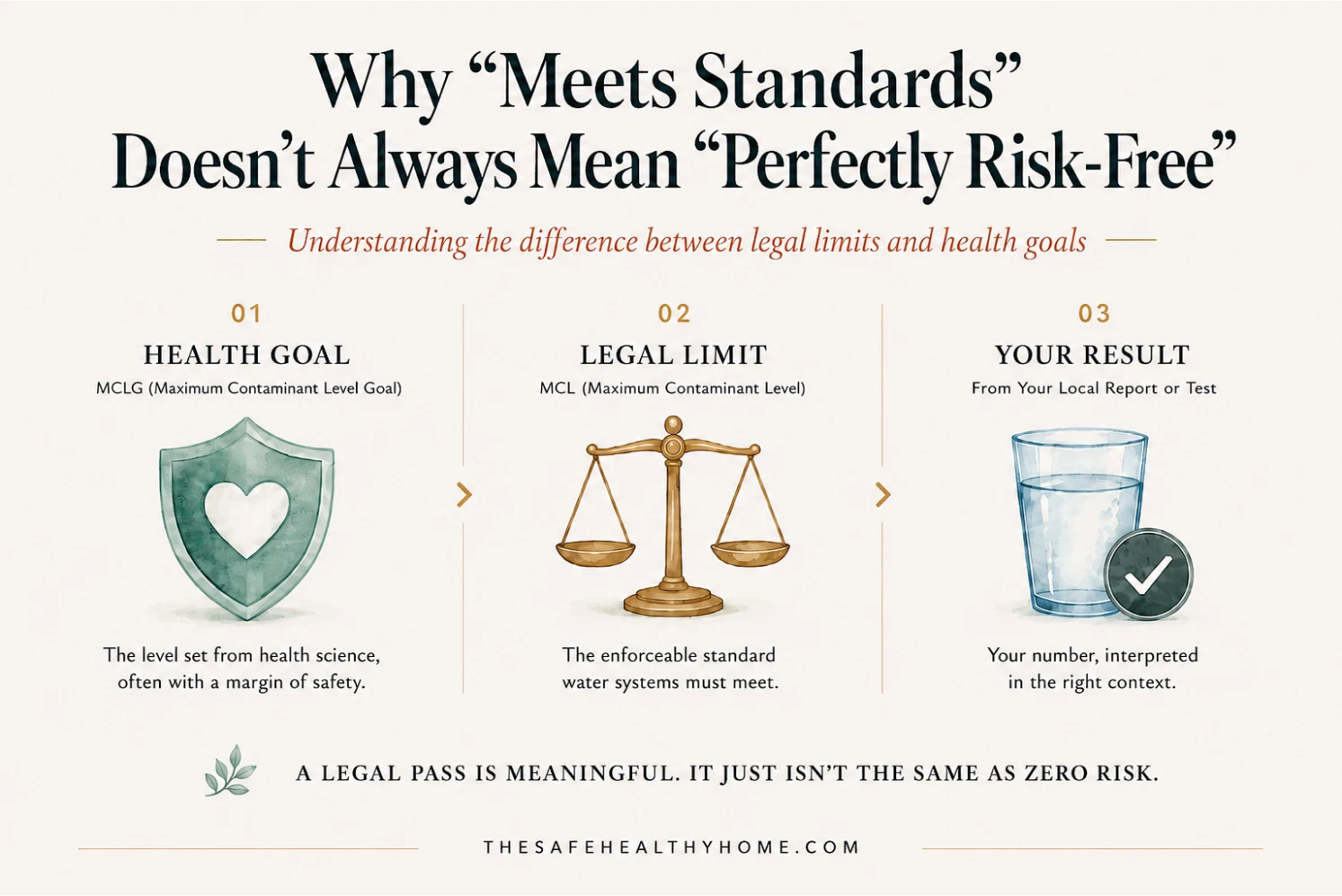 Infographic explaining the difference between a health goal, a legal limit, and your water result when judging whether tap water meets standards.