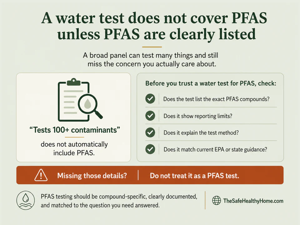 Infographic explaining that a home water test does not cover PFAS unless PFAS compounds are clearly listed, with checks for reporting limits, test method, and current EPA or state guidance.