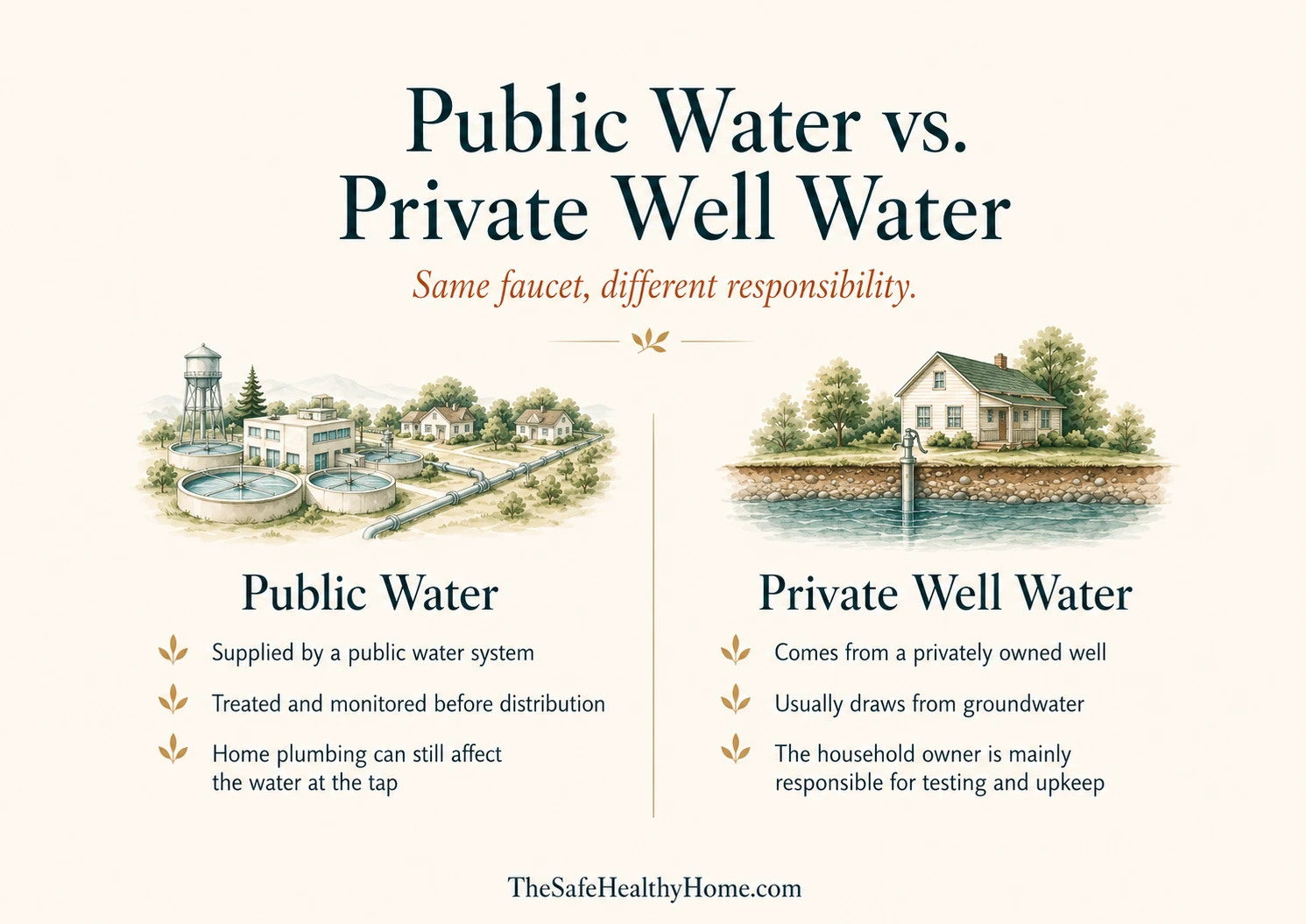Infographic comparing public tap water and private well tap water by source, treatment, monitoring, and household responsibility.