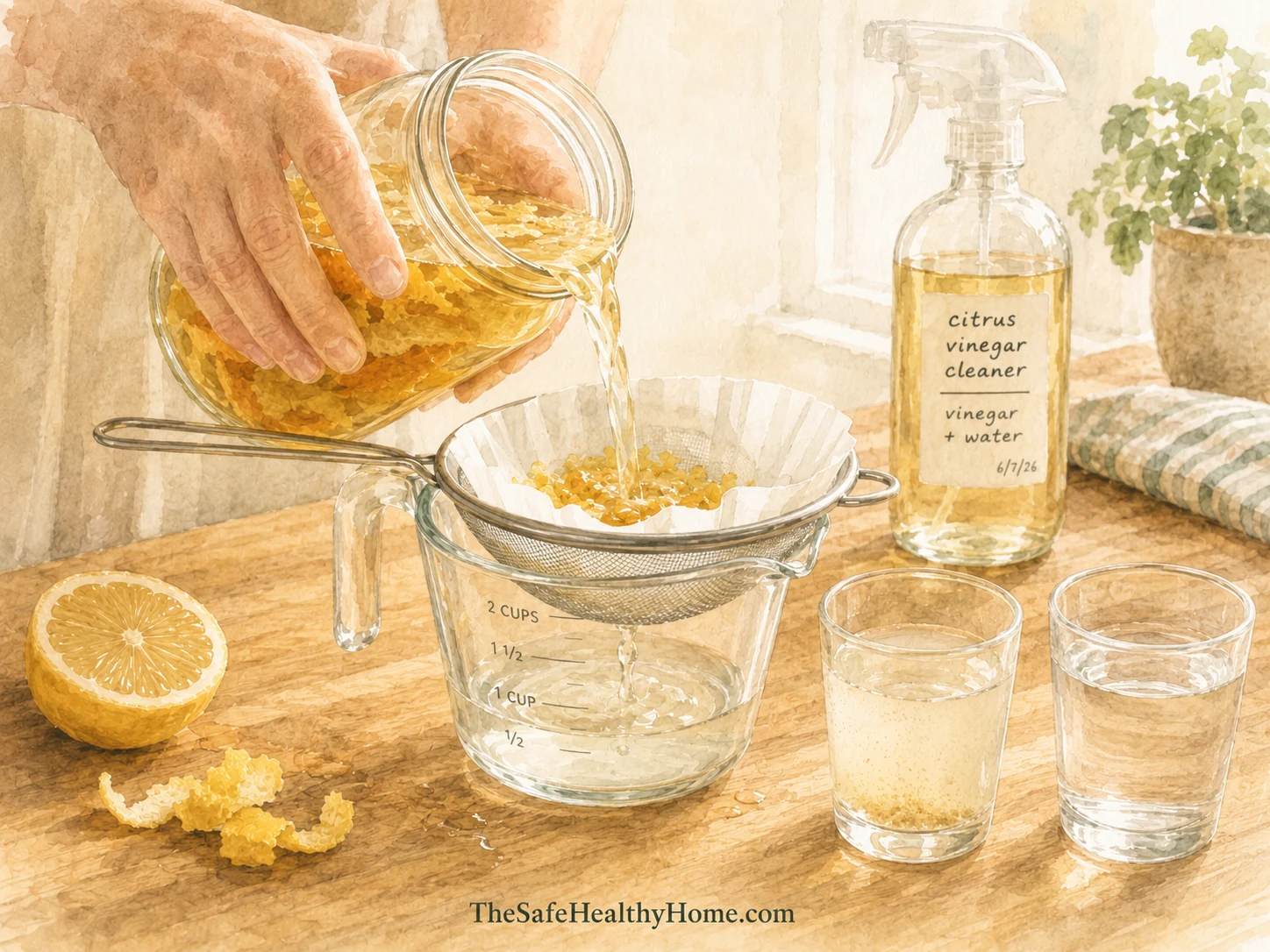 Watercolor illustration of steeped citrus vinegar poured through a coffee-filter-lined strainer into a jug, with a clear strained sample beside a cloudy unstrained one.