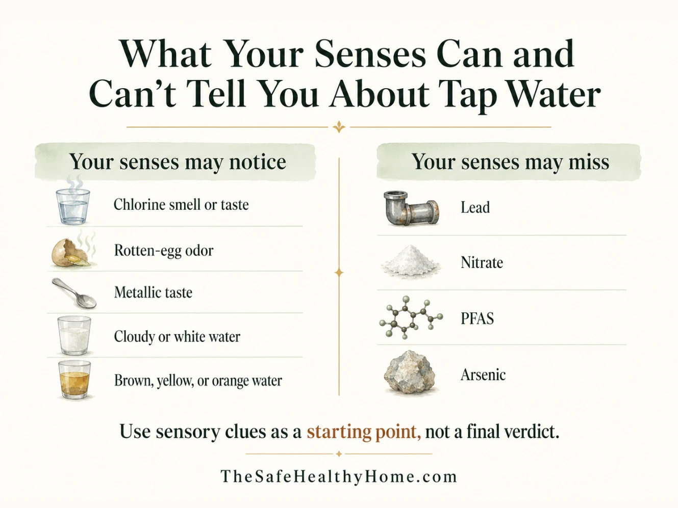 Infographic showing tap water clues your senses may notice, including chlorine smell, sulfur odor, metallic taste, cloudiness, and discoloration, alongside contaminants your senses may miss, including lead, nitrate, PFAS, and arsenic.