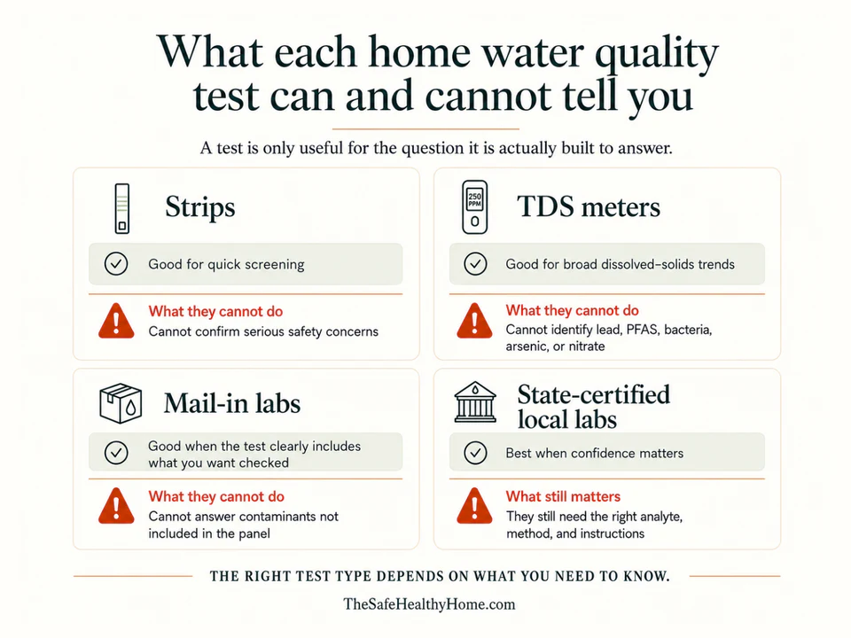 Comparison of home water test strips, TDS meters, mail-in lab tests, and state-certified labs for drinking water concerns.