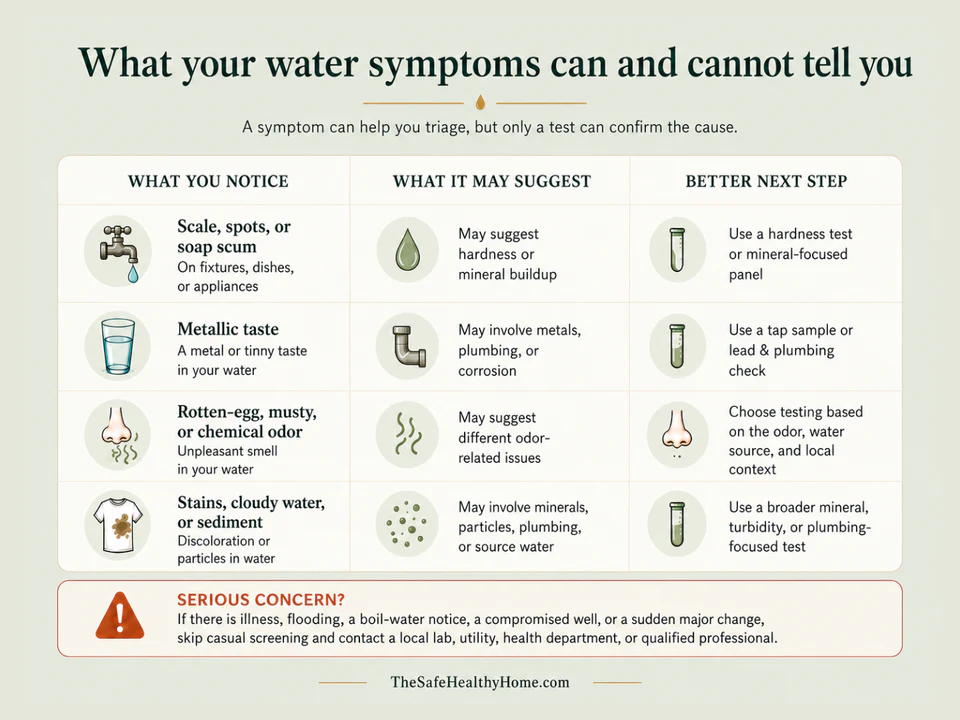 Water symptom guide showing how scale, taste, odors, stains, cloudiness, or sediment can help determine what to test next.